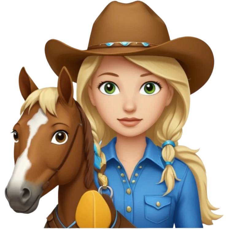 una cowgirl bionda con occhi azzurri/verdi sopra un quarter horse con criniera marrone emoji
