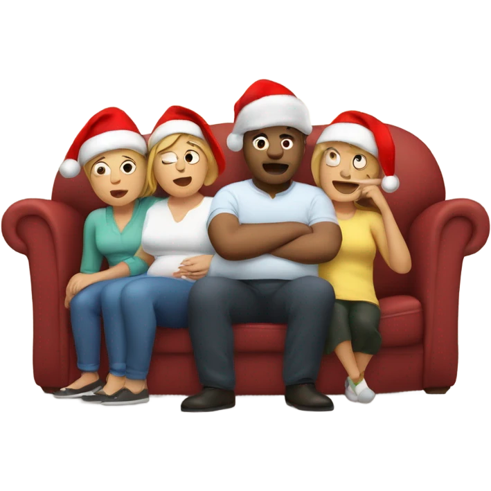 Family sitting on couch wearing Christmas hats. All with fat belly’s. Two people sleeping, one person burping. With Christmas dinner on floor.  emoji