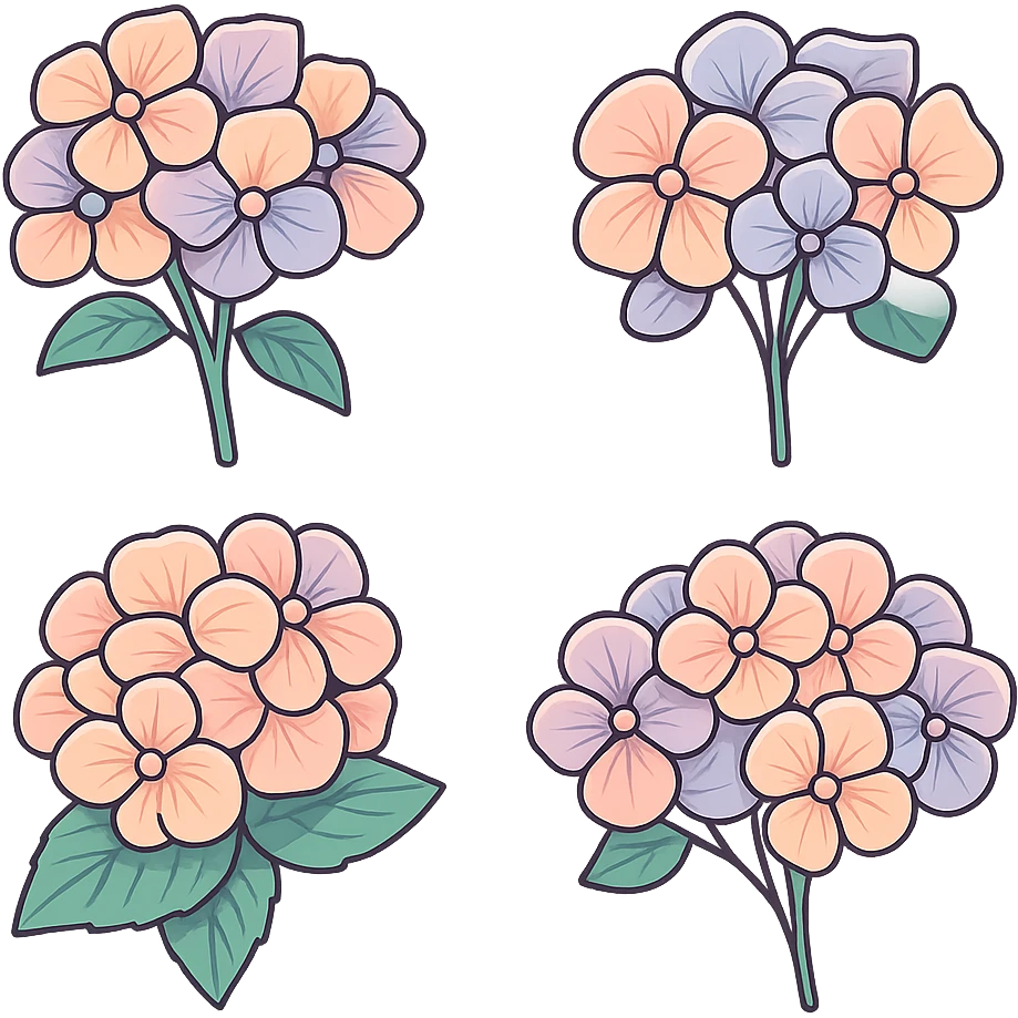 Hydrangea with large flowers, detailed with shadows and highlights, in icon-color-outlined style with thin clean outlines and soft rounded shapes. Use a pastel palette #98B5BC, #B5B3C1, #C9A3C9, #E4C0CA, #F7DCD1, #F7C0AA. Transparent background. Inspired by the reference image, emphasize volume and light. emoji