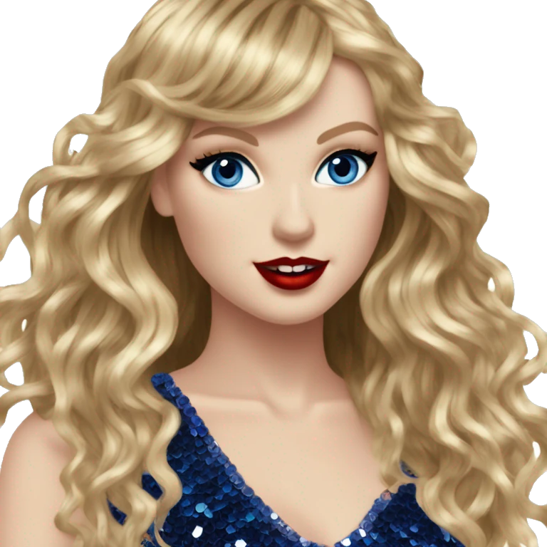 Realistic Taylor swift wearing navy blue glittery sequin bodysuit with tassels and gems and long hair with red lipstick and blue eyes  emoji