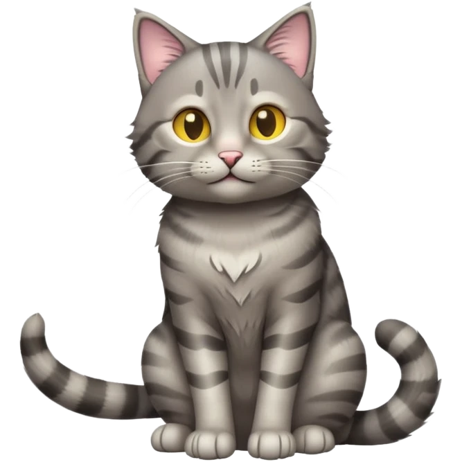 cinematic-[grey tabby cat]-realistic-full-body-sitting-emoji,-tail-curled-playfully-around-its-paws,-head-tilted-dramatically,-scruffy-[grey]-fur,-simplified-yet-realistic-focused-features,-highly-detailed,-glowing-with-an-almost-sarcastic-glow emoji