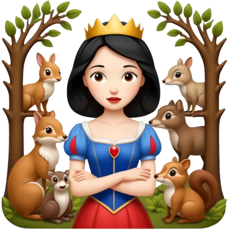 Snow White emoji with woodland animals, friendly and gentle, classic princess look emoji