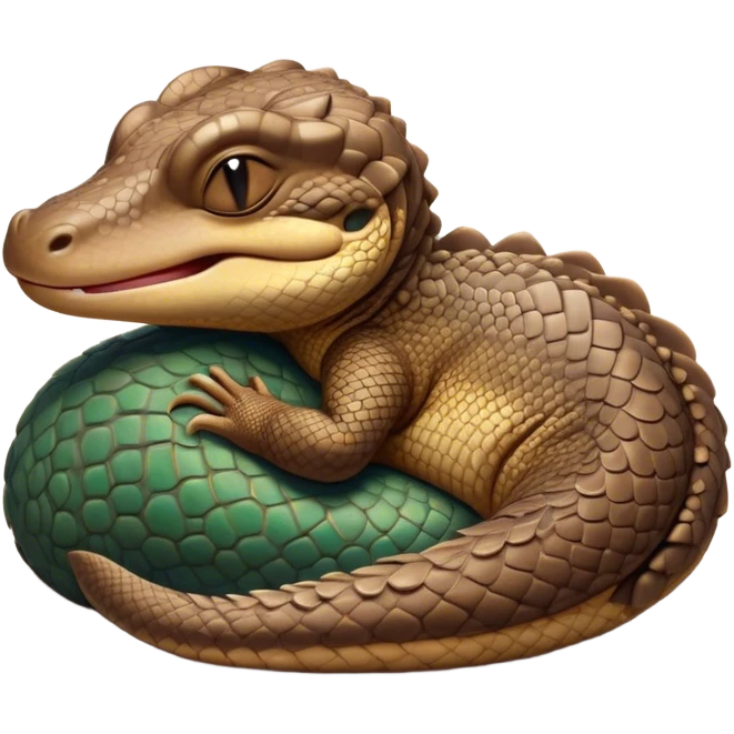 Meme-Worthy cute Sleeping Monitor Lizard Portrait Emoji, Head resting peacefully with a contented smile, showcasing intricately patterned scales and eyes gently closed in serene slumber, Simplified yet comically adorable features, highly detailed, glowing with a soft, drowsy earthy light, high shine, relaxed and utterly lovable, stylized with an air of playful laziness, bright and heartwarming, soft glowing outline, capturing the essence of a sleeping reptilian guardian that feels destined to become the next viral icon of adorable rest! emoji