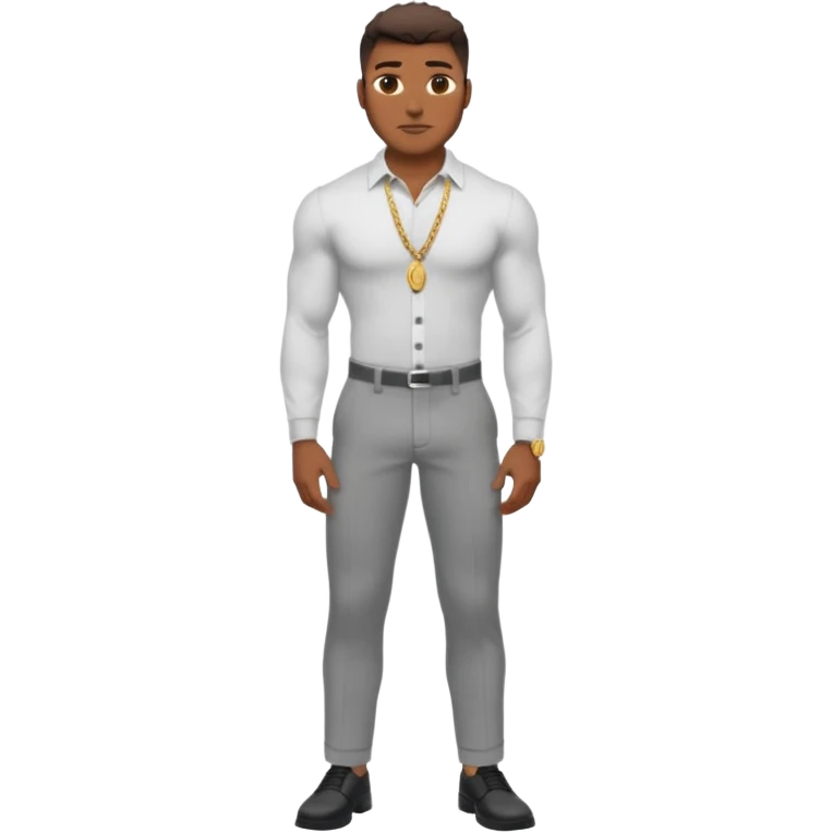 Handsome Black guy with brown skin tone, with lean muscular build, wearing gray slacks, a long sleeved white button up top, black shoes, and a small gold chain emoji
