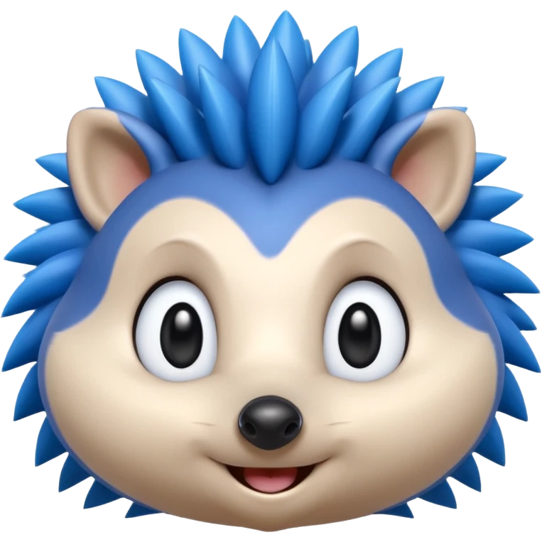 blue hedgehog emoji with long forward-facing quill spikes, smooth rounded face, large oval eyes with black pupils, small black nose, thin confident smile, 3D Apple emoji style, 1:1, clean shading, cute but energetic expression
 emoji