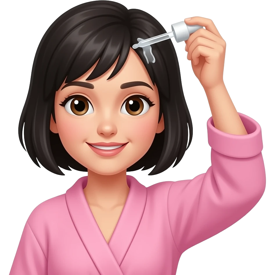 White girl taking care of her black short hair by giving herself a hair tonic massage with a dropper, wearing a pink robe, iPhone emoji style emoji