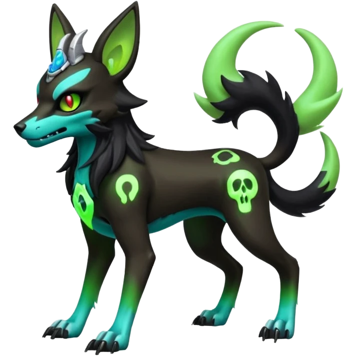 Hyper realistic horned slim skeletal black and neon green futuristic shiny colorful bioluminescent cyber-Poochyena-Lycanroc-Zorua-Litten-Houndoom-Fakémon-Pokémon-Digimon-hybrid-fusion (full body) with a skull face emoji