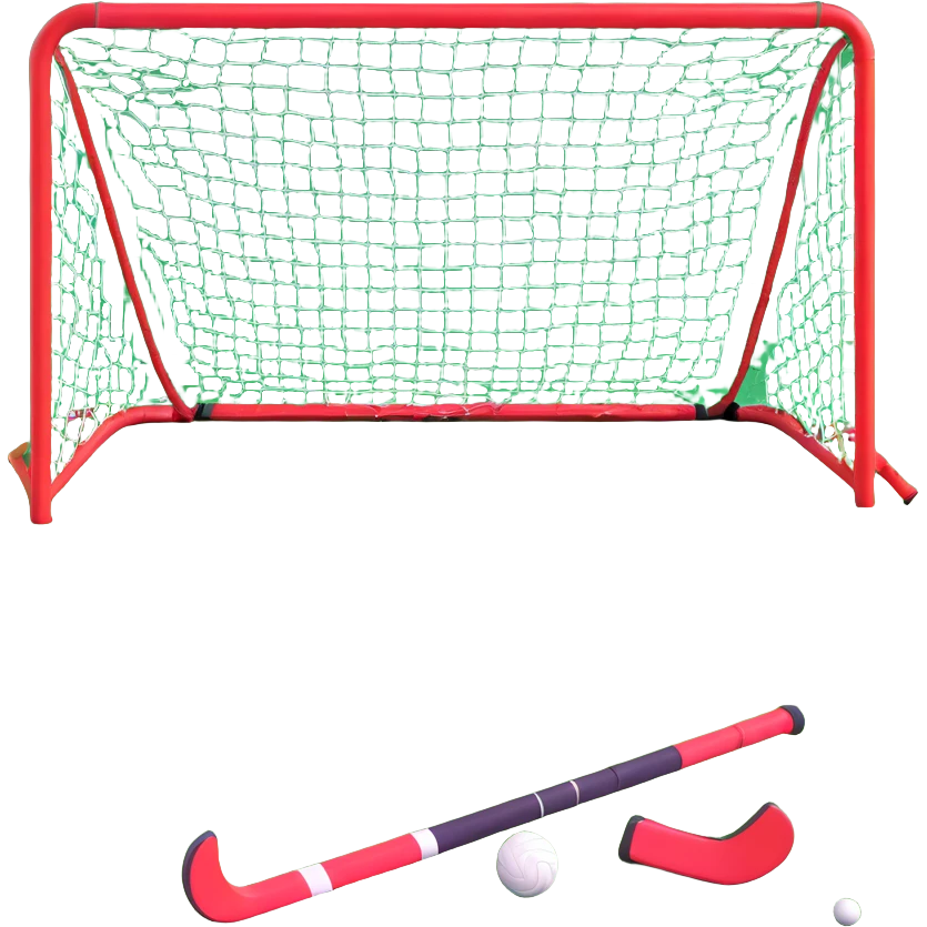 field hockey equipment on lush green pitch with goal in background emoji