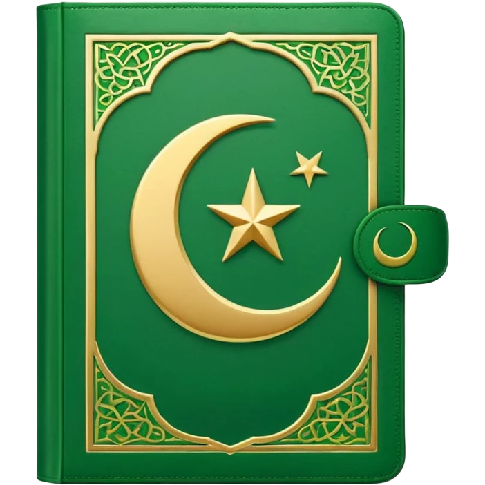 Closed Quran with the Islamic Symbol on it (moon and star) green from left to right emoji