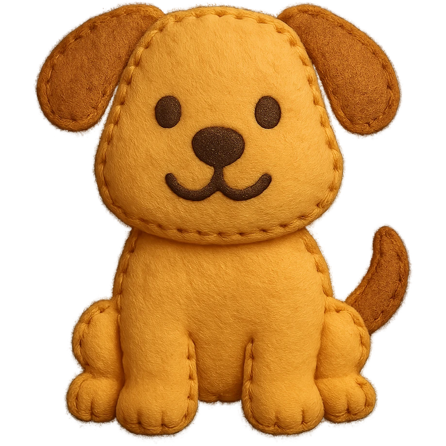 <StylePrompt>
  <Name>Felt Appliqué Plush Style</Name>
  <Description>A soft, handcrafted look inspired by plush felt fabric with visible stitching and a padded 3D texture, rendered on a solid black background.</Description>
  <VisualProperties>
    <Material>Felt</Material>
    <Texture>Soft, fuzzy, with slight fiber detail</Texture>
    <Stitching>
      <Type>Thick thread</Type>
      <Color>Orange or slightly darker tone than fabric</Color>
      <Pattern>Uniform running stitch along outer edge</Pattern>
    </Stitching>
    <Padding>High, plush-like 3D depth</Padding>
    <Edges>Rounded corners</Edges>
    <ColorPalette>
      <Primary>Warm yellow/orange tones</Primary>
      <Accent>Brown or dark orange for facial features and outline</Accent>
      <Background>Black</Background>
    </ColorPalette>
  </VisualProperties>
  <Rendering>
    <Lighting>Soft, even studio lighting</Lighting>
    <Shadows>Subtle drop shadows for depth</Shadows>
    <Perspective>Flat front-facing, symmetrical if applicable</Perspective>
  </Rendering>
  <Applicability>
    <SubjectType>Any object, animal, or letterform</SubjectType>
    <OutputFormat>Icon, emoji, patch-style graphic</OutputFormat>
  </Applicability>
</StylePrompt>

{subject} = dog emoji