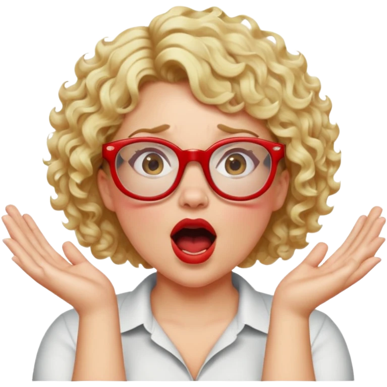 A blonde woman with short curly hair, slightly overweight, wearing red-framed glasses, shouting with hands cupped around her mouth emoji