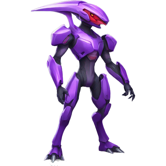 a purple-red Genesect-Raptor-Fakémon—hybrid with a futuristic visor-helmet full body emoji