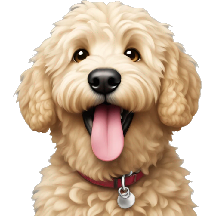 playful light fur golden doodle with tongue out emoji