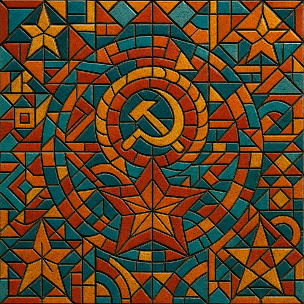 Soviet mosaic pattern in the style of Kerama Marazzi ceramic tiles, intricate geometric shapes, vibrant colors emoji
