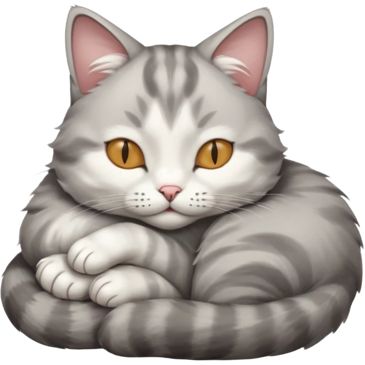 grey and white small cat with its eyes closed lying down leaning on his elbow with his paw curled under his head holding it up emoji