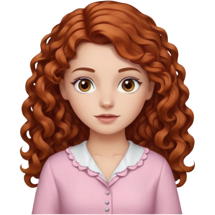 garota branca de cabelos longos cacheado partido ao meio castanho avermelhada com olhos castanhos e blusa rosa bebê emoji