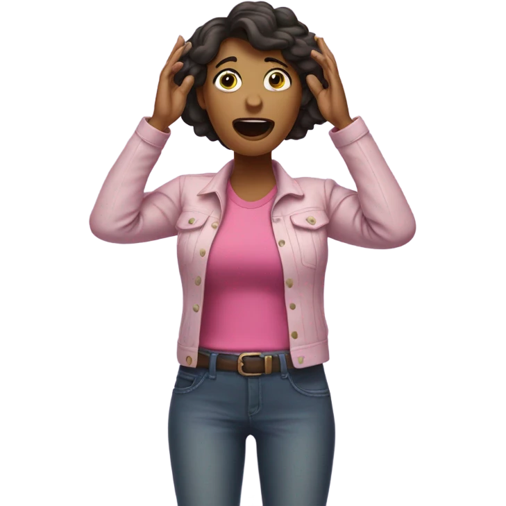 shocked woman hands up full body pink shoes emoji