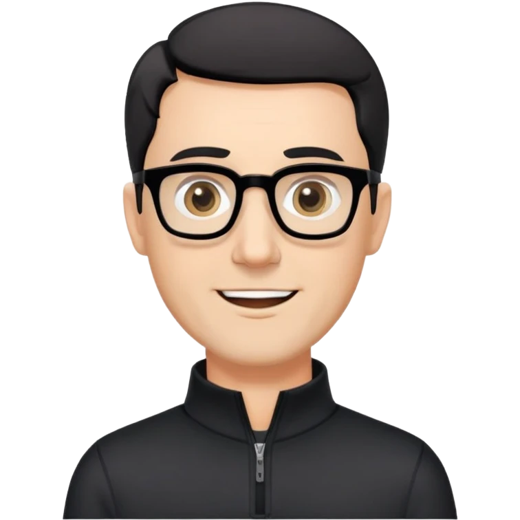 Caucasian man with very short black hair, short graying beard, large black eyeglasses, cheerful expression, black long sleeve shirt with quarter zip at collar emoji