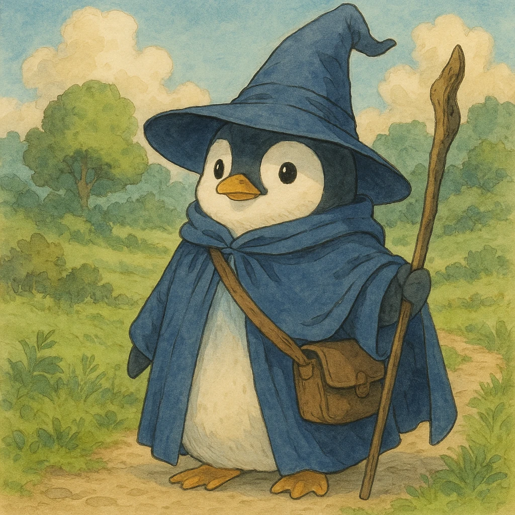 penguin wizard, detailed, whimsical, soft colors, ghibli style illustration emoji
