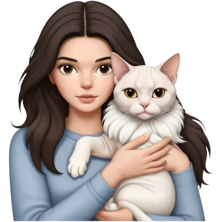 brunette Kendall Jenner with long hair holding on the hands a british white cat and a grey Sphynx emoji