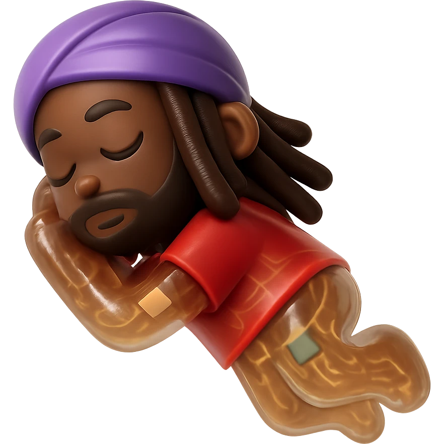 Brownskin man with long brown dreadlocks 
red t-shirt 
purple turban 
expression is sleeping emoji