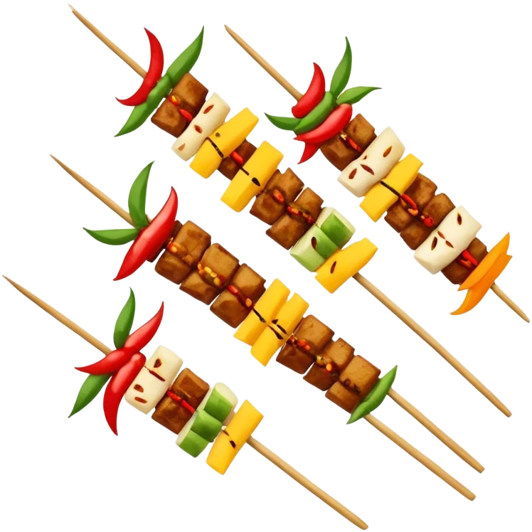Sichuan Skewers Chuan Chuan Xiang with various foods on bamboo sticks, simplified emoji style with bold outlines and bright colors, cartoon style spicy street food emoji