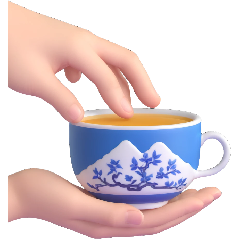 human hand holding a small traditional Chinese blue and white porcelain tea cup without handle emoji