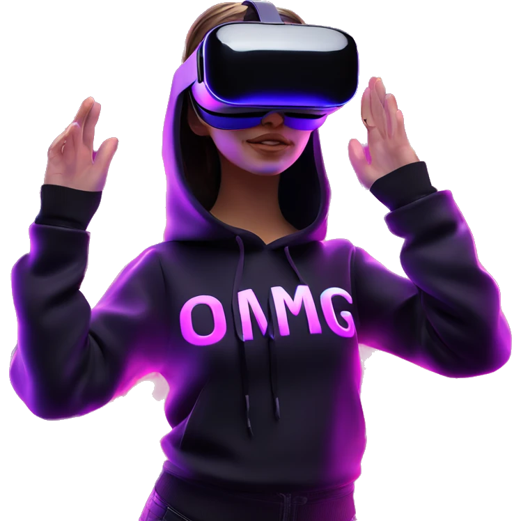 Russian girl wearing black hoody with violet letters "OMG", in vr headset oculus quest2. Dancing. Cyberpunk style. Violet neon. emoji