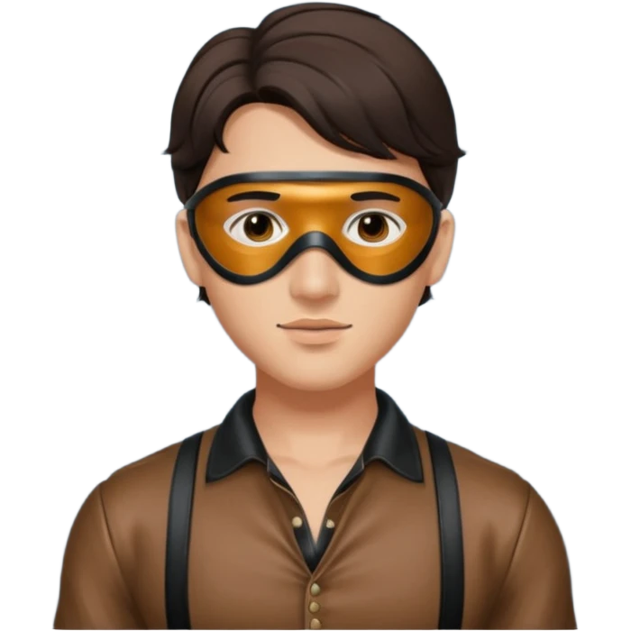 brunette young adult man with leather eye mask and leather halter neck blouse emoji