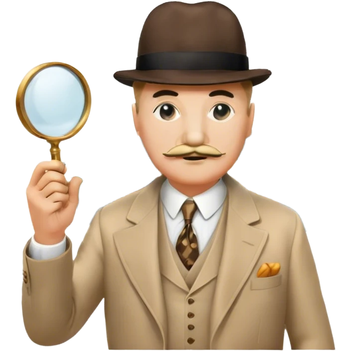 A cinematic-style frame showing Hercule Poirot in his iconic suit with a magnifying glass in a dramatic detective pose. Background should be mysterious city background and subtle clues like fingerprints or a crime scene. Transparent background. emoji