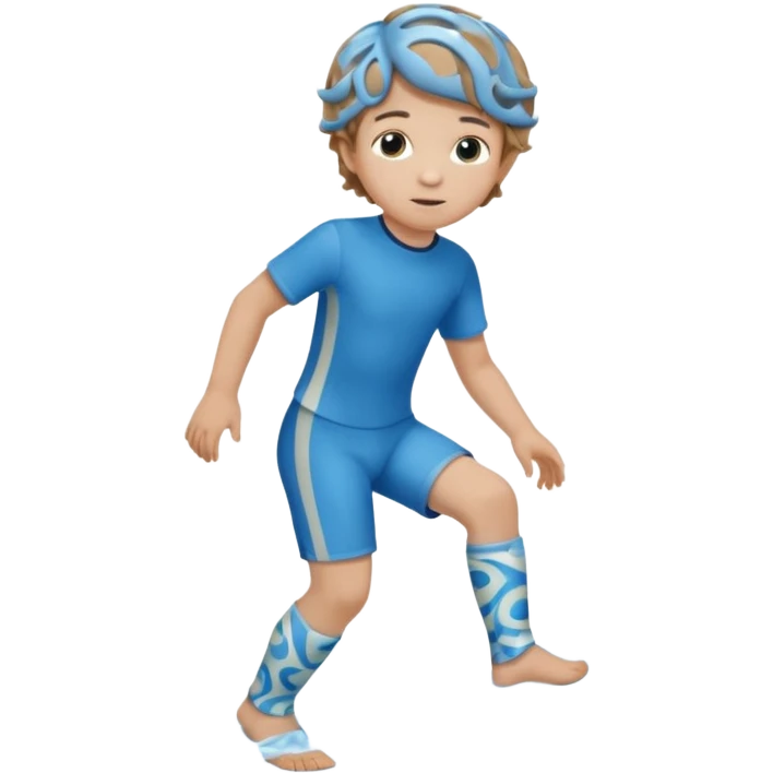 A little male child with a blue/beige outfit and  curled light brown hair and shoes which are orthopedic ankle-foot orthosises (AFO) for a small child. The brace goes just below the knee and its with a bright blue water-like pattern with a spiral side design. emoji