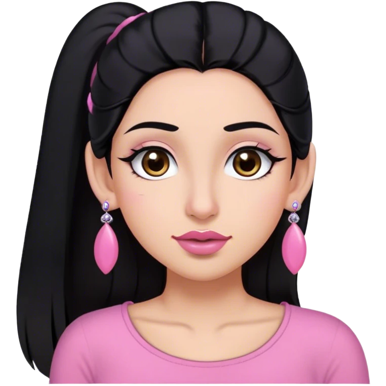 Pelo negro largo, tez morena, ojos grandes y marrones con muchas pestañas, cejas pronunciadas arqueadas, nariz pequeña, labios grandes y rosados claros, top de salir rosa, pantallas en la orejas y orejas pequeñas  emoji