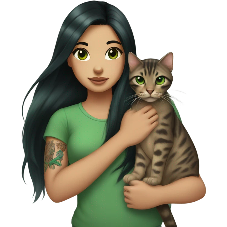girl with long straight black hair and brown eyes, wearing a green shirt. mermaid tattoo on her arm. fairer skin. she is holding her bengal cat with green eyes. only the chest up is visible in the emoji emoji