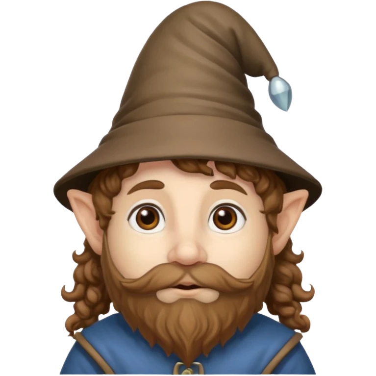 Gnomo con capelli ricci marroni, occhi marroni e cappello a punta emoji