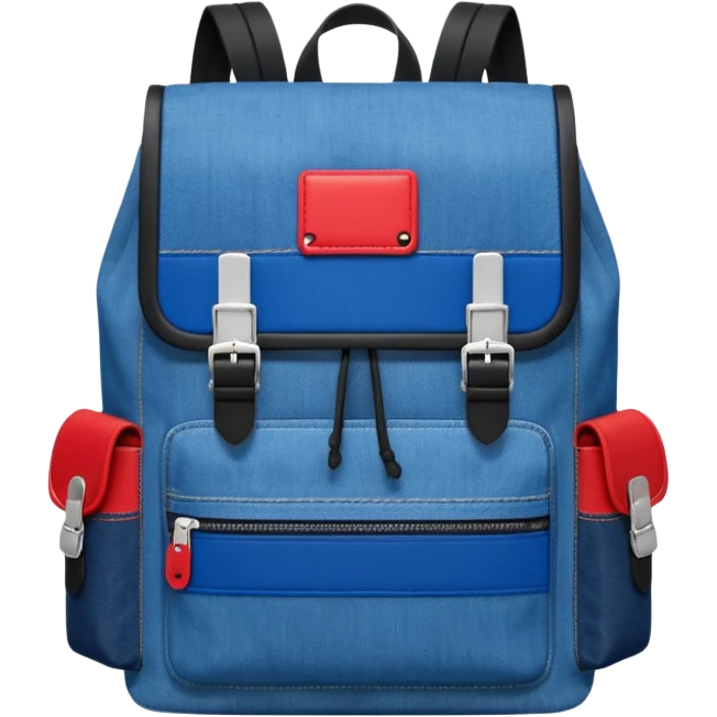 Minimalist emoji-style icon of a stylish blue denim backpack with a flap top, two vertical black buckle straps, a large red-white-navy horizontal block in the center, and two zipper side pockets. Inspired by Tommy Jeans design. Front view, cartoon-like, clean design.

 emoji