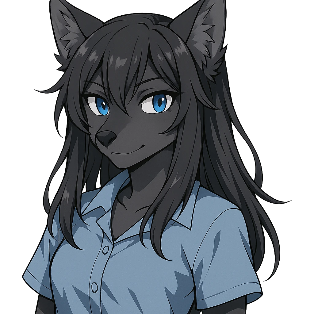 anime style wolf furry character with blue eyes, long black hair, wearing a light blue shirt emoji