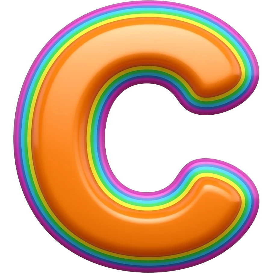 name "C" in neon orange, 3D style typography lettering, each color of the rainbow as a border outlined around each letter, isolated, 3d rendering, no emoji icons no emoji faces and must have no human figures emoji
