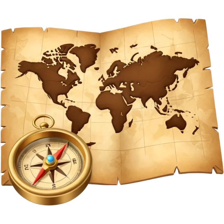 3D Brown golden map with Travel compass pointing to adventure emoji