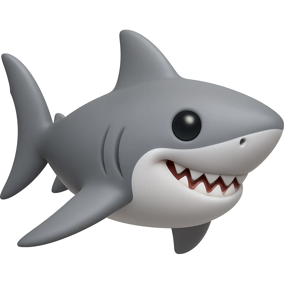 Edit the shark emoji to have a smooth, cartoonish, 3D emoji look in gray color, no legs, no sneakers, no background, just the shark smiling, inspired by the provided reference image. emoji
