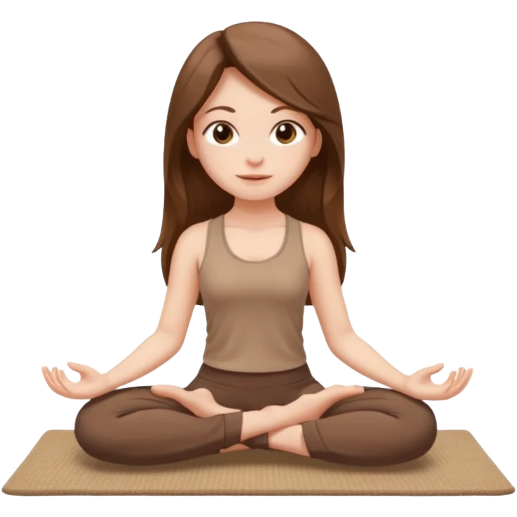 Brown long hair, white skin European girl sitting on a beige rug doing yoga, brown clothes emoji