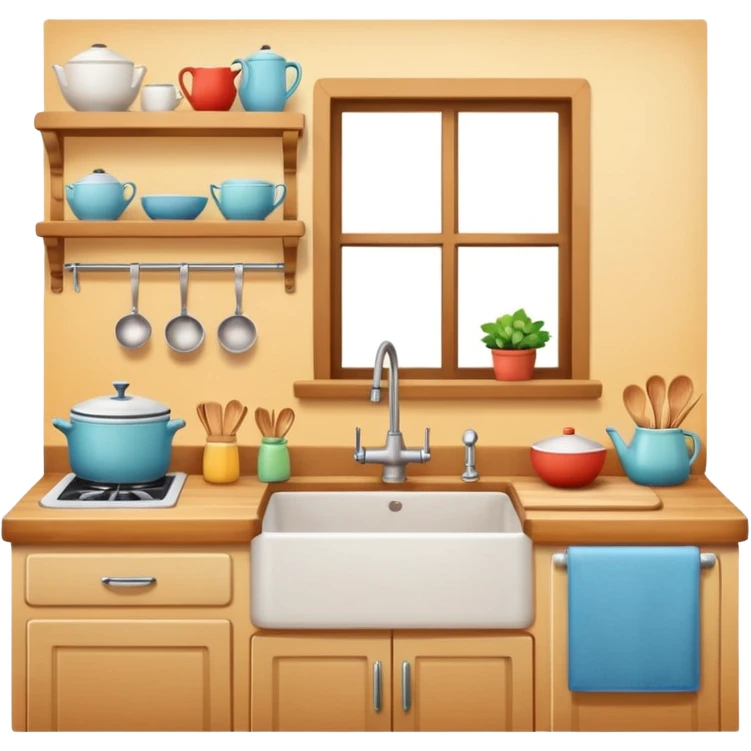 A cozy home kitchen in clean emoji-style illustration. Warm colors, simple shapes, homemade dishes on the counter, friendly atmosphere, flat design, high contrast, clear outlines. emoji