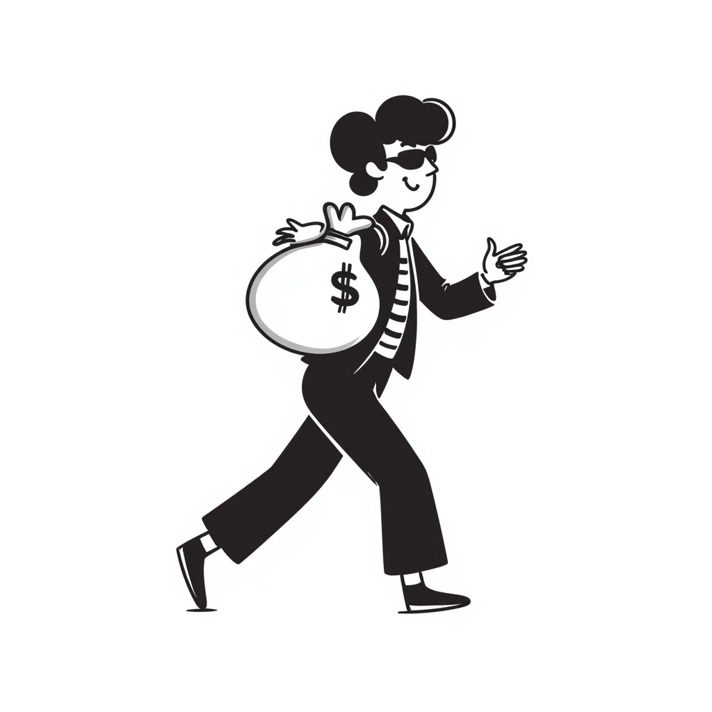 A thief with a bag of money on his back, wearing a striped suit and a black eye mask emoji