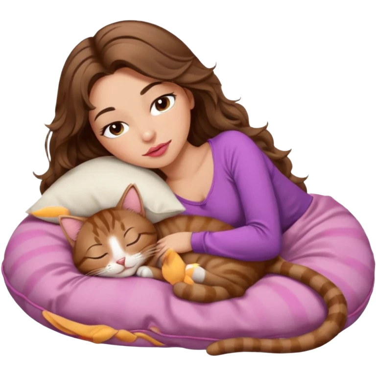 girl with long wavy brown hair, brown eyes, long lashes makeup, sexy pink lips, light to medium complexion,  sleeping on a cozy pillow, with brown tabby cat, sleeping emoji