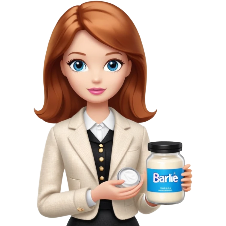 A Barbie girl with blue eyes, shoulder-length reddish-brown hair, made-up, in a white tweed jacket and black skirt, holding a jar of pale beige body cream emoji