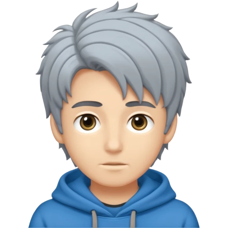 Crea un emoji a mezzo busto come ti ho già chiesto però di un ragazzo sulla 20ina ma che sembri più giovane, vestito con una felpa grigia. Occhi azzurri, capelli neri con il ciuffo davanti un po bagnato. emoji