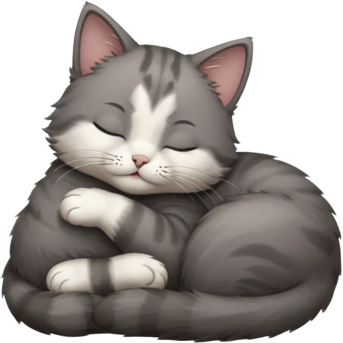 dark grey and white small cat with closed eyes, leaning his head on his paw while leaning on his elbow lying down emoji