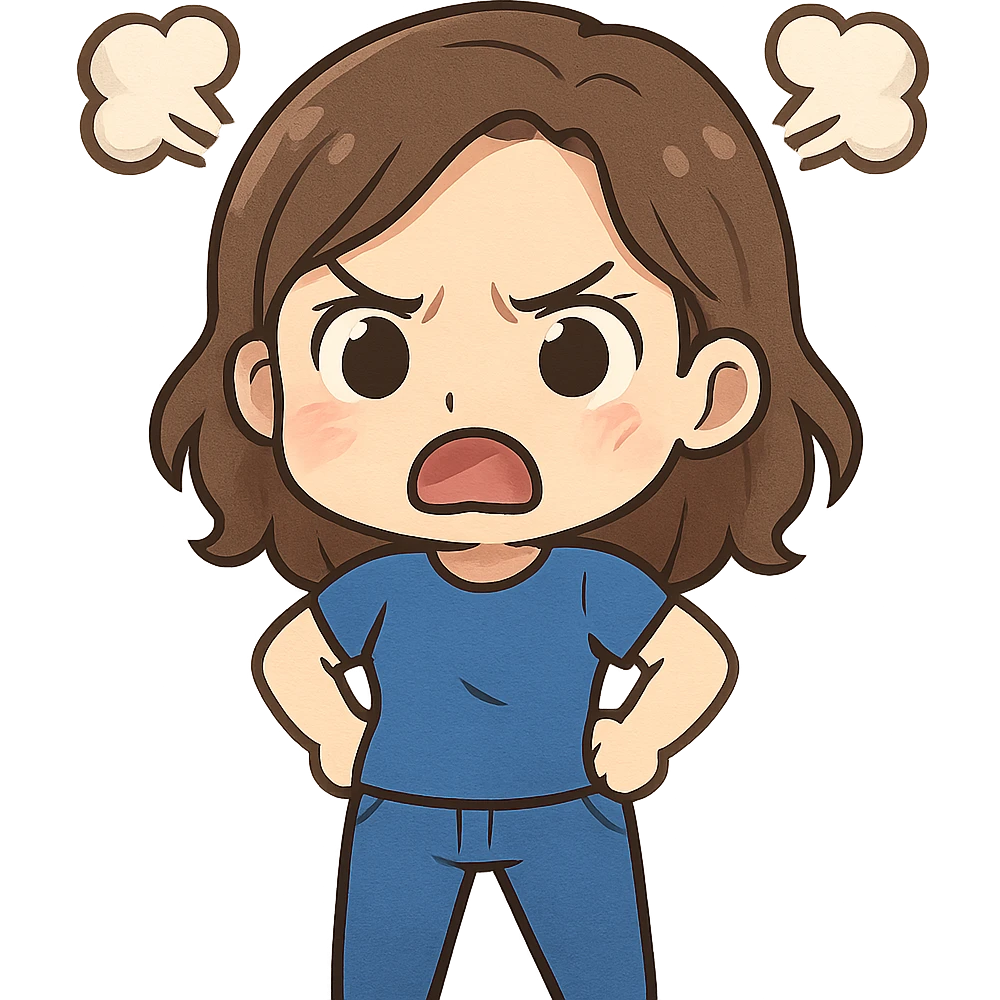 chibi emote of a woman in a blue t-shirt and jeans, angry with steam puffs, no headband, no sparkles, no wand, transparent background emoji