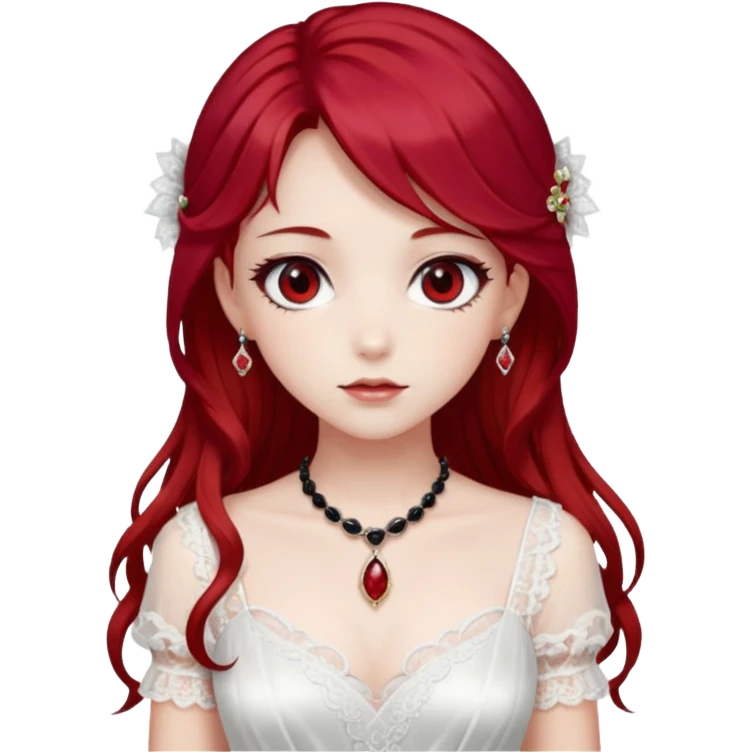Beautiful shiny Gorgeous Anime Lady with dark hair and red hair streaks with a beautiful white silky lace dress and rubies and onyx gems  emoji