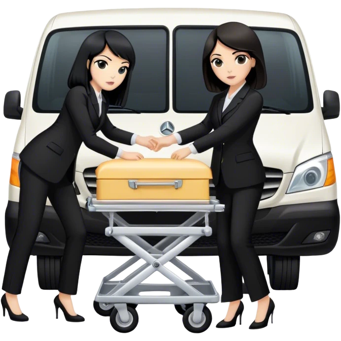 One black haired woman and one brunett woman in black pants suits punching a funeral stretcher in to a black Mercedes Vito funeral van  emoji