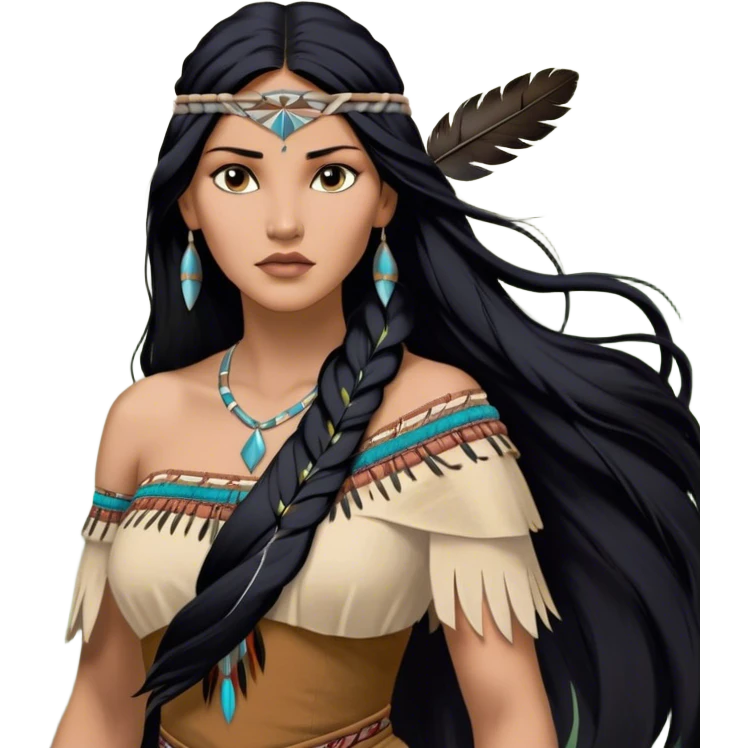 Cinematic Realistic Pocahontas Portrait, depicted with lifelike skin texture, soft natural lighting, and intricately detailed long, flowing raven-black hair that moves gracefully in the wind. Her deep, soulful dark brown eyes exude wisdom and strength, complemented by a serene yet powerful expression. She is dressed in her classic one-shoulder native american dress, with rich fabric textures and delicate beaded details that catch the light beautifully. The portrait features a soft, sun-kissed glow with a natural, radiant finish, capturing the essence of untamed beauty and deep connection to nature in a realistic and painterly style, evoking a sense of depth and authenticity. emoji